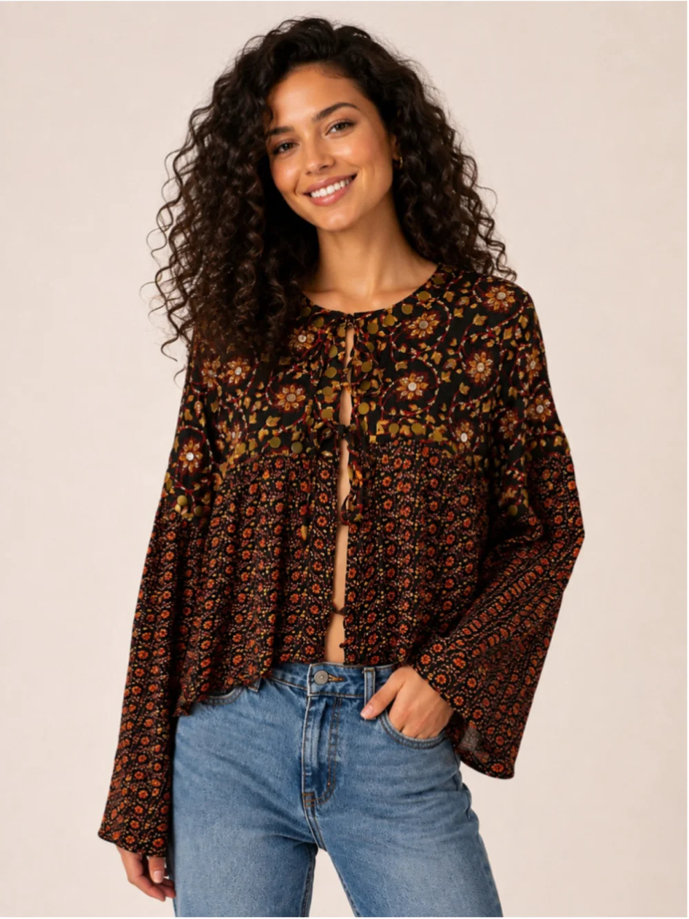 Free People Malia Beaded Babydoll Top Black Floral NWT Size XS